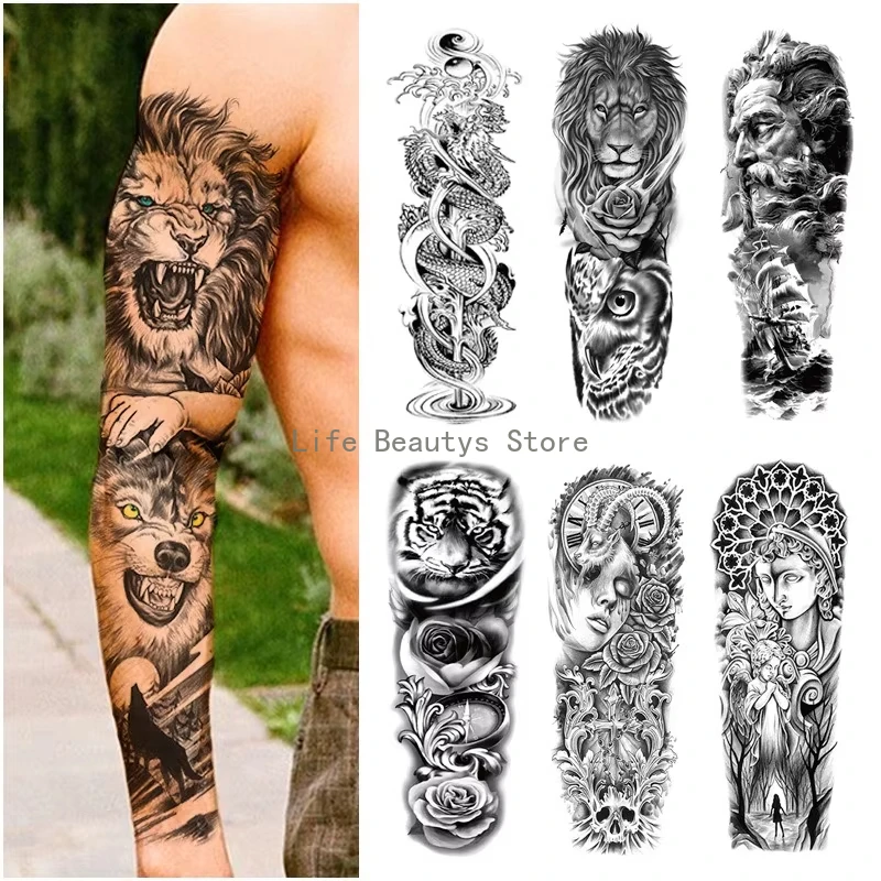 

New Male Arm Sleeve Tattoo Waterproof Lion Tiger Animal Flower Arm Tattoo Sticker