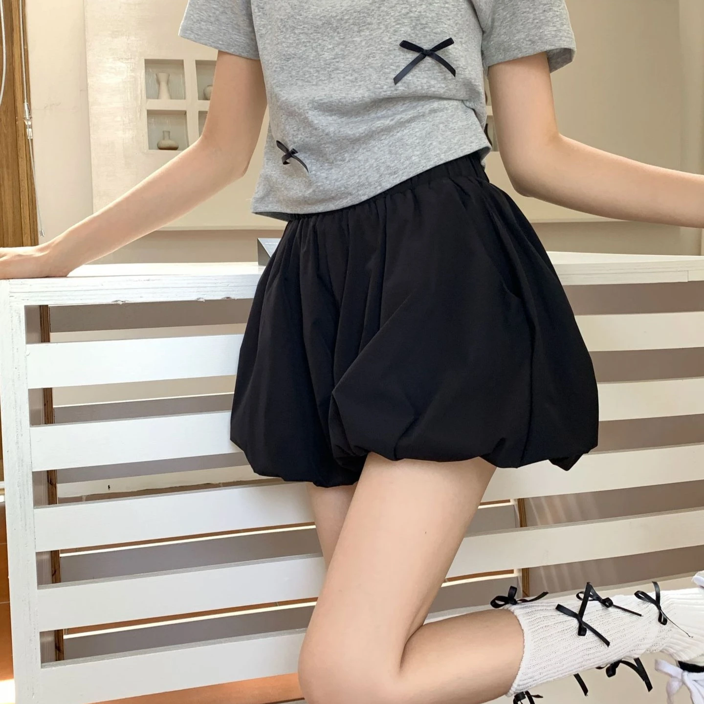 Korean White Cute Bud Shorts Skirts Women Chic High Waisted Bubble A-line Short Skirt Elastic Waist Solid Casual Ball Gown Skirt