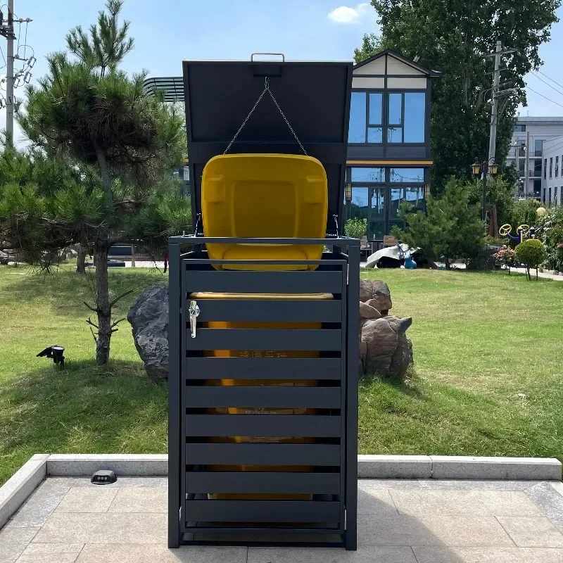 Metal Wheeled Dumpster Outdoor Trash Can Shell with Lock Cover Garbage Storage Dumpster Storage Garden