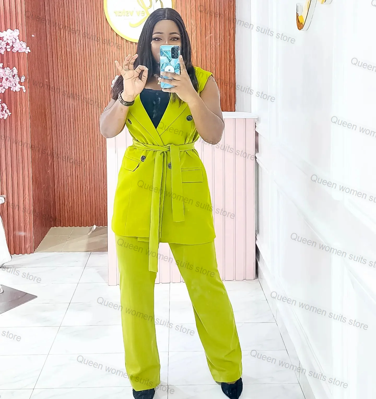 Green Summer 2 Piece Women Suits Pants Set Blazer+Trouser With Belt Formal Office Lady Custom Made Double Breasted Coat Jacket