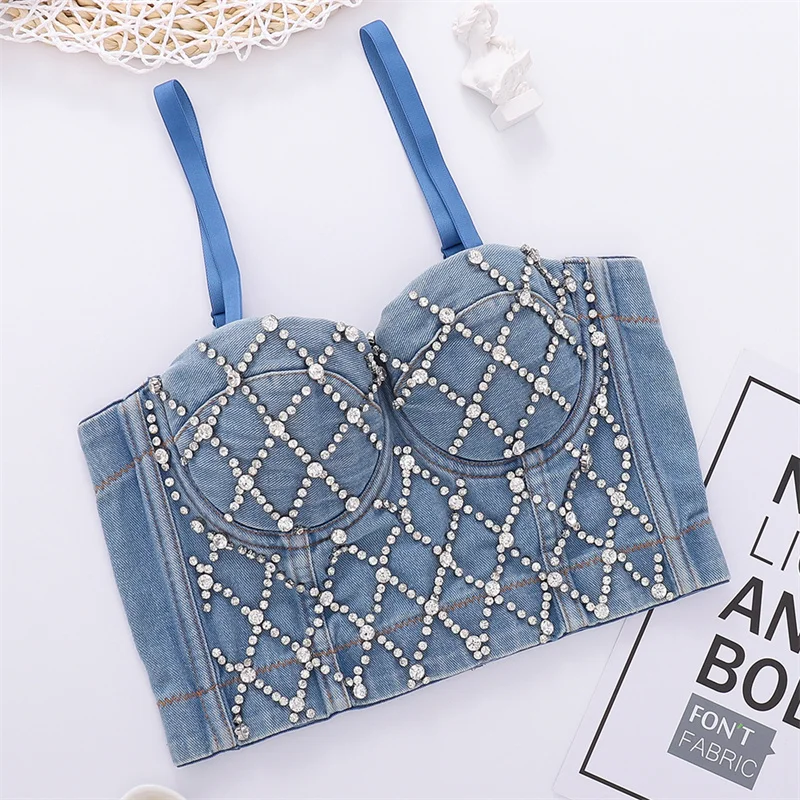 Women Denim Corset Top Sexy Bandage Beading Diamond Crop Top Slim Jean Bustier Camisole Night Club Party Tank Top Female Clothes