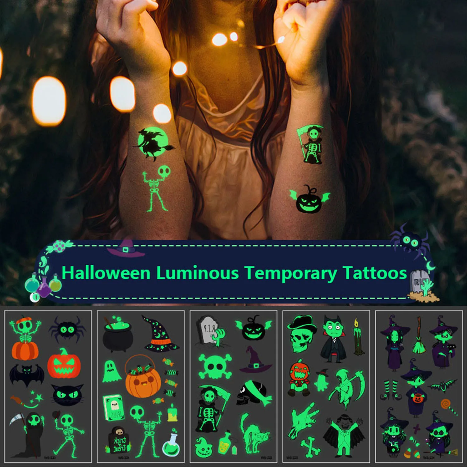 5 Sheets Halloween Luminous Temporary Tattoos Pumpkin Skull Ghost Temporary Tattoos Stickers Glow Mixed Style Makeup