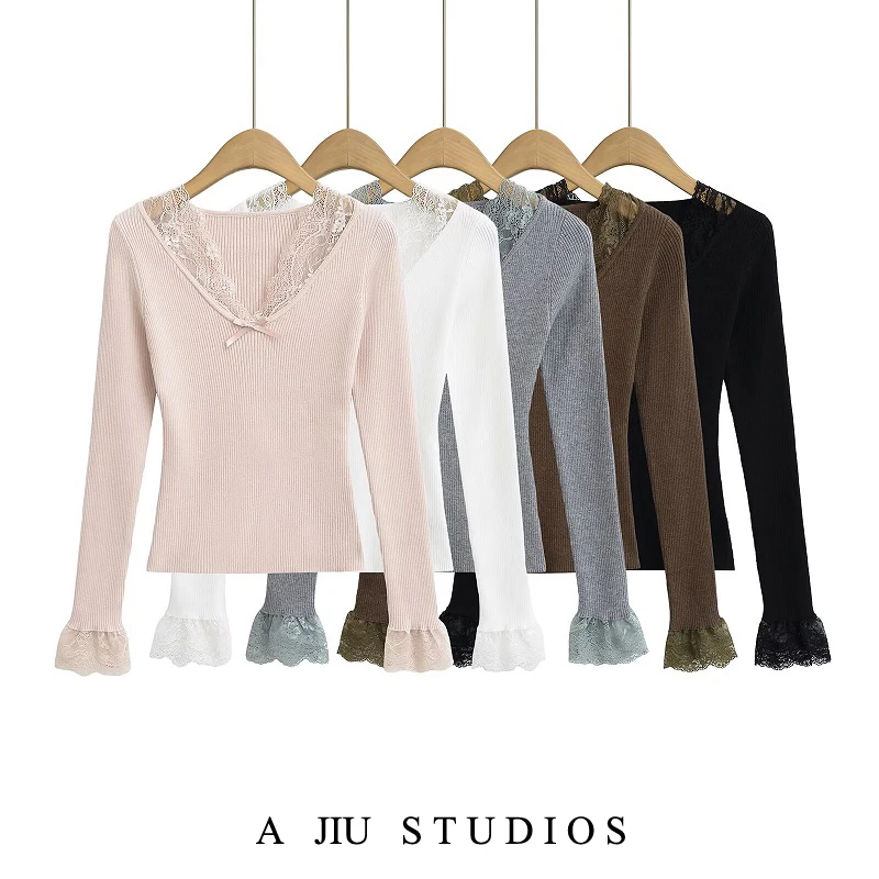 

Street Sle Long Sve Lace Splice Base irt Women's Slim Fit Knitted Sweater Inner Wear Sexy Girl Spring Autumn Top