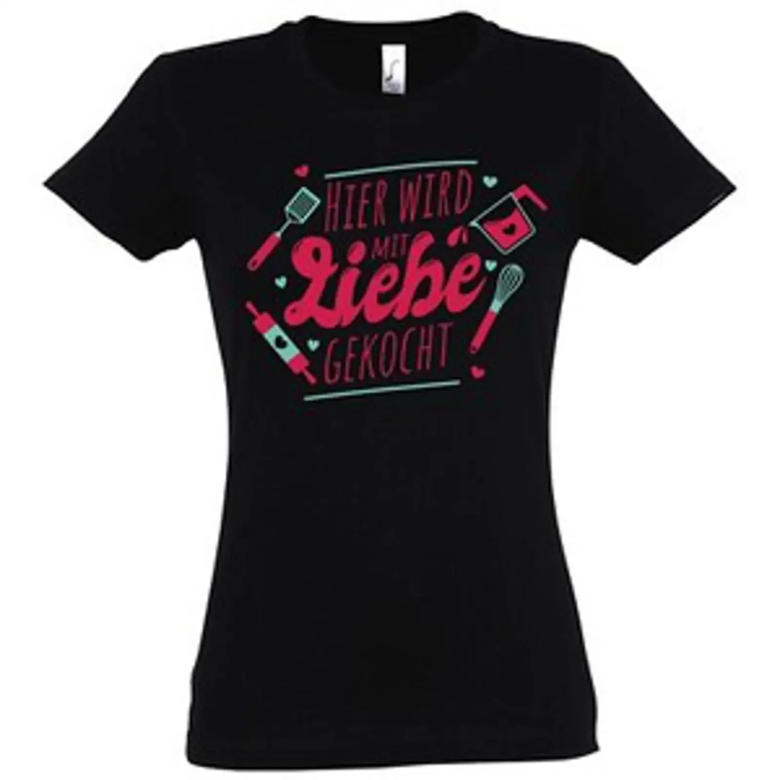 Youth Designz quot Hier wird mit Liebe gekocht Damen T Shirt Lustig Spruch Kochen vintage Washed Casual Soft homme