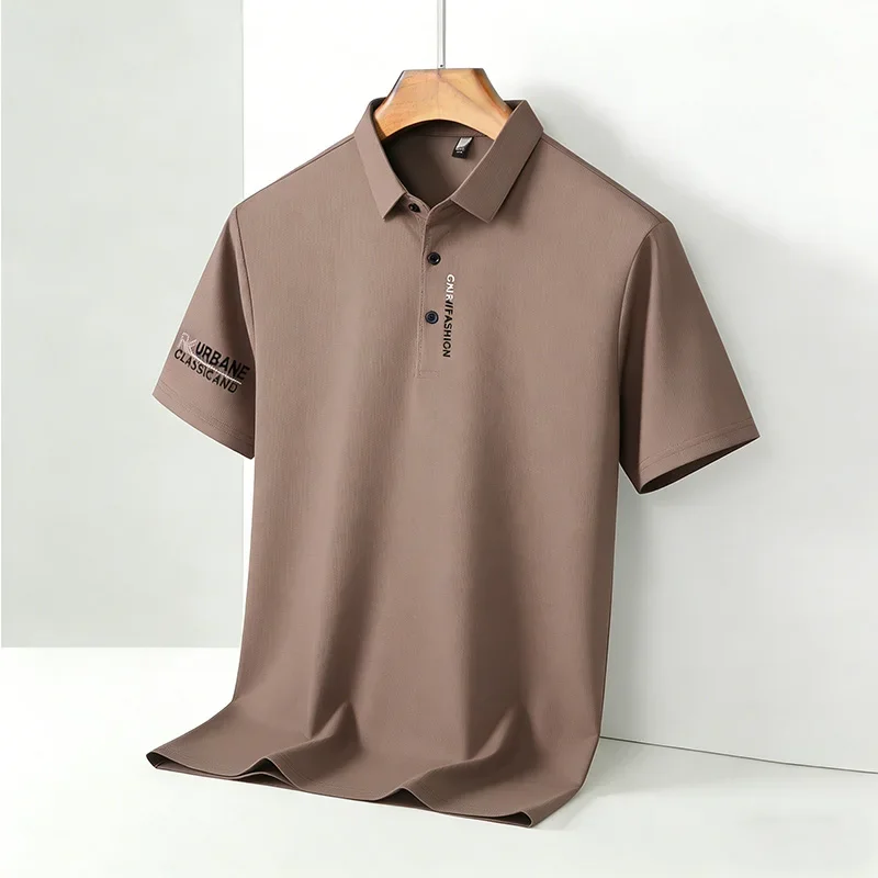 Casual Men's Polo Shirts Solid Brown Short Sleeve Embroidered Breathable Summer Business Wear