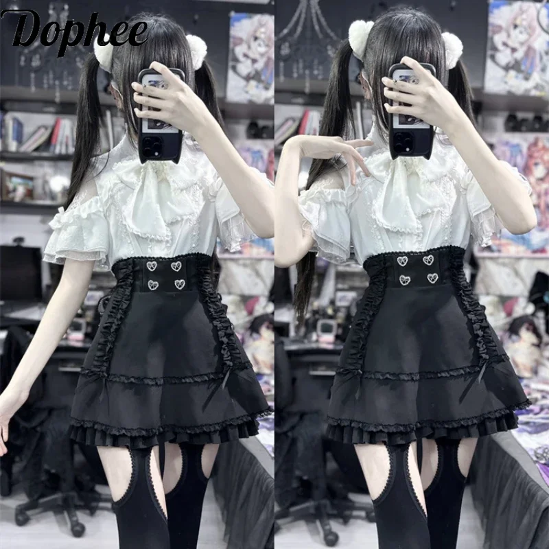 

Dophee Original Japanese Sweet Princess High Waist Short Skirt Double Diamond Love Button Elegant Ruffles Women Shorts Skirt