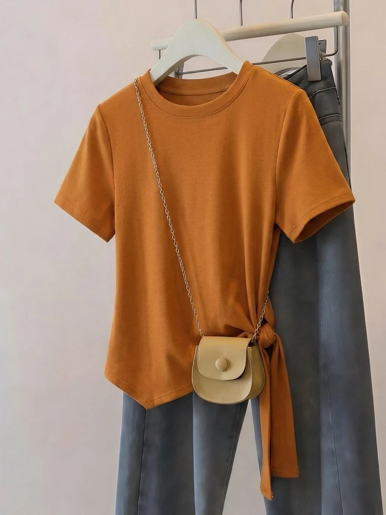 Orange Pumpkin Short Sleeve T-Shirt Women's Summer New plus Size Loose Fit Belted Waist Slimming Top Korean Style Commute