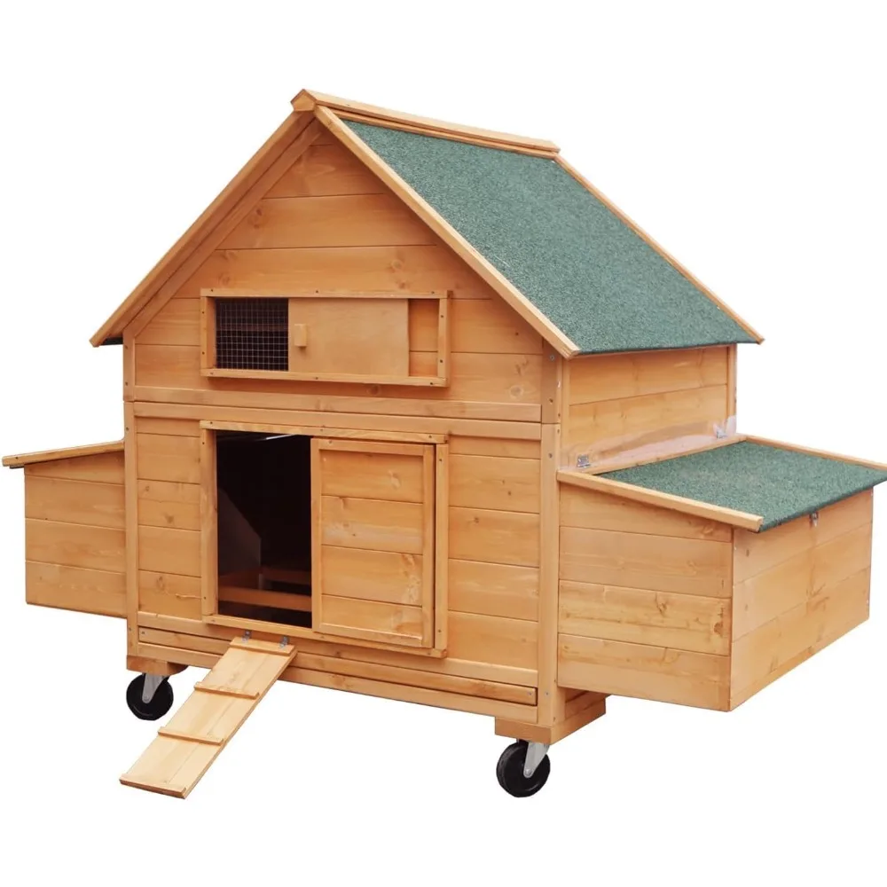 

Large Chicken Coop with Wheels, Waterproof Outdoor Hen House for 6-8 Chickens, Movable Chicken House with Two Nesting Box, Remov