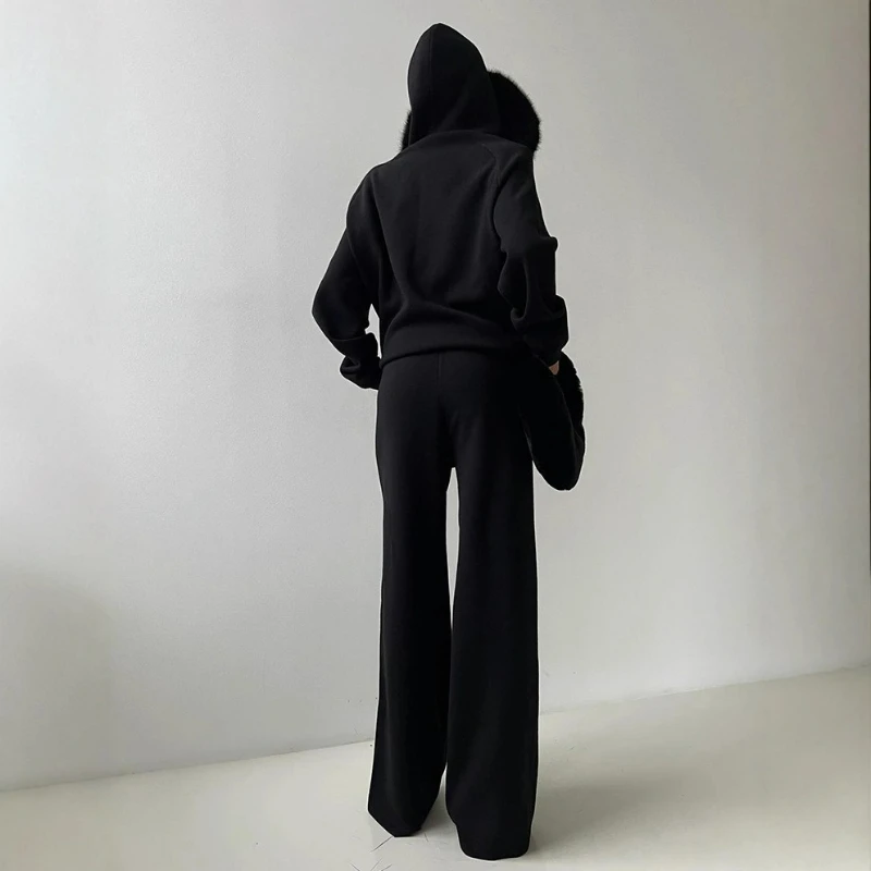 American Style Hooded Knitted Sweatshirt Set for Women 2026 Winter New Fashion Long Pants Plush Patchwork High-end Two-piece Set