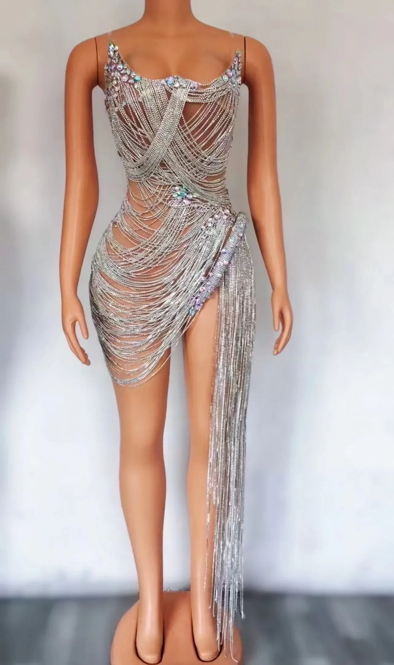 luxurious Silver Crystals Chains Transparent Black Nude Dress Fashion Rhinestones Fringes Performance See Through Outfit Costume