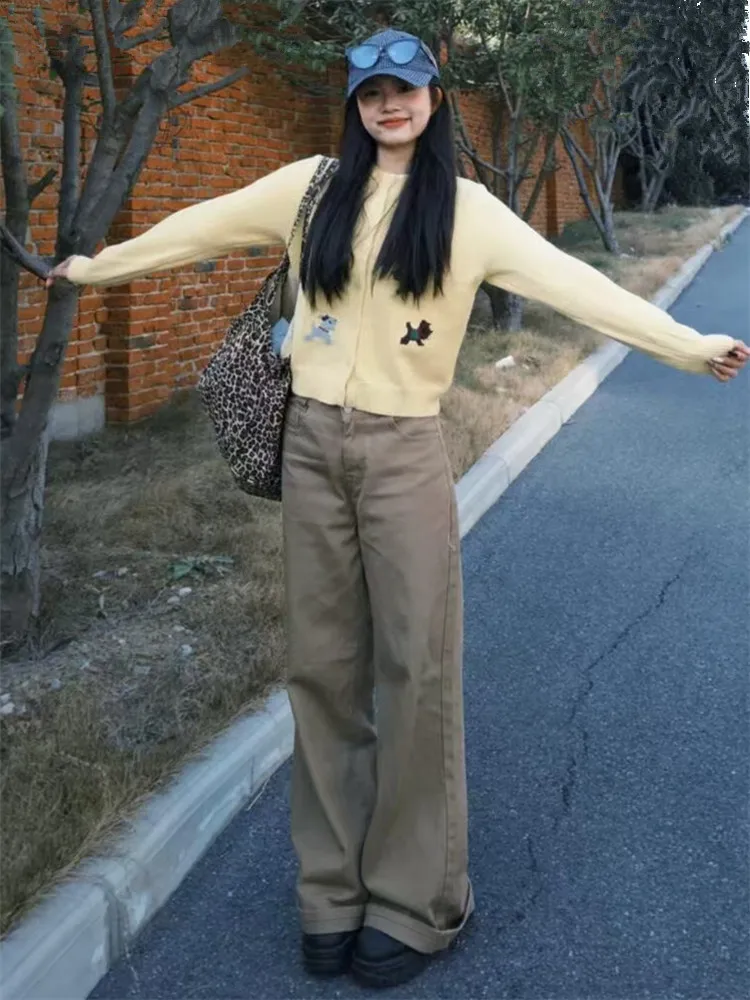 

American High Street Latte Brown Low Waist Wide Leg Jeans Women's Spring Loose Drapey Tall Extended Floor-Length Pants