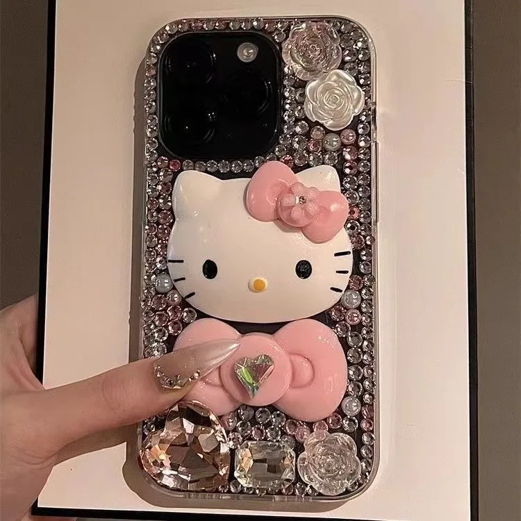 

Чехол для телефона Sanrio Hello Kitty с рисунком «сделай сам», 3D со стразами для iPhone 16 Pro Max 15, 14, 13, 12, 11, защитный чехол с полным покрытием
