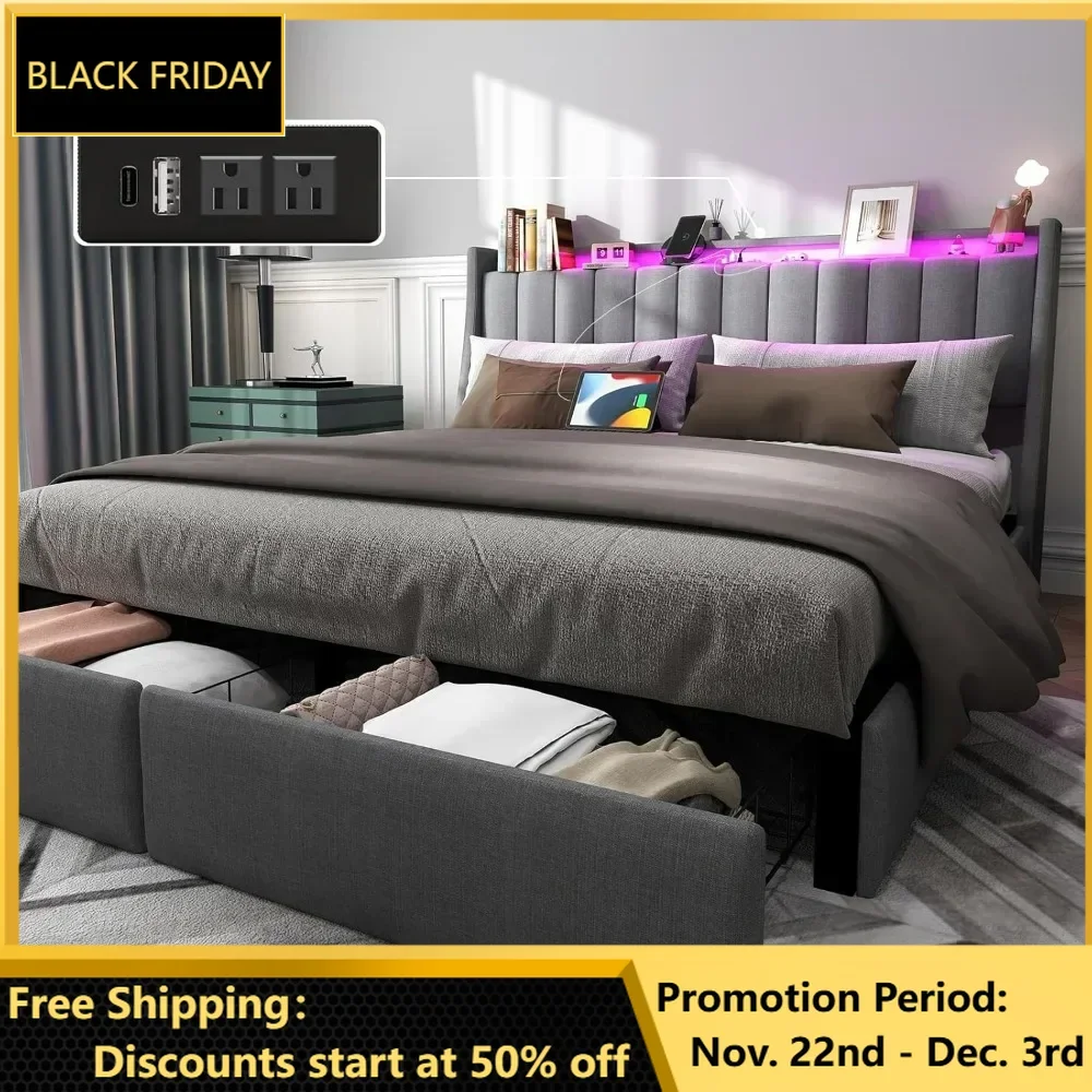 Bed Frame, 2 Storage Drawers and Luxury Wingback Upholstered Button Tufted Storage Headboard, Charging Station, Assembly, Beds