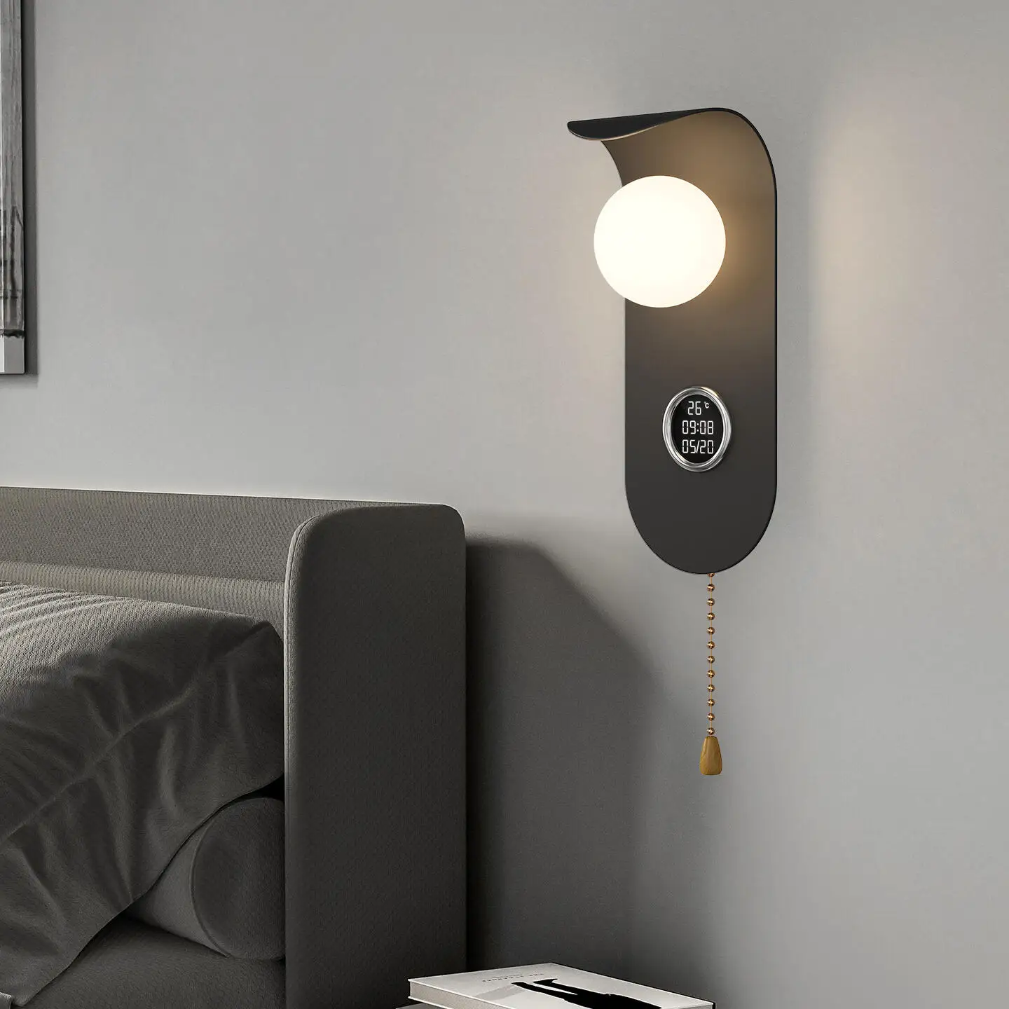 Simple Led Wall Light 2026 New Bedroom Bedside Wall Lamp With Cable Switch Time Display Light Modern Home Indoor Decoration Lamp