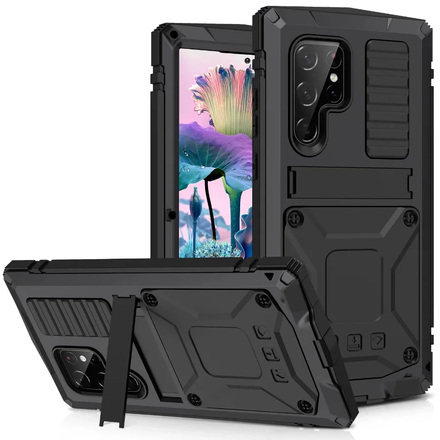 

Rugged Armor Heavy Duty Tank Metal Phone Case For Samsung S24 Ultra S24 Plus Full Aluminum Shockproof Cover Tempered Glass Stand