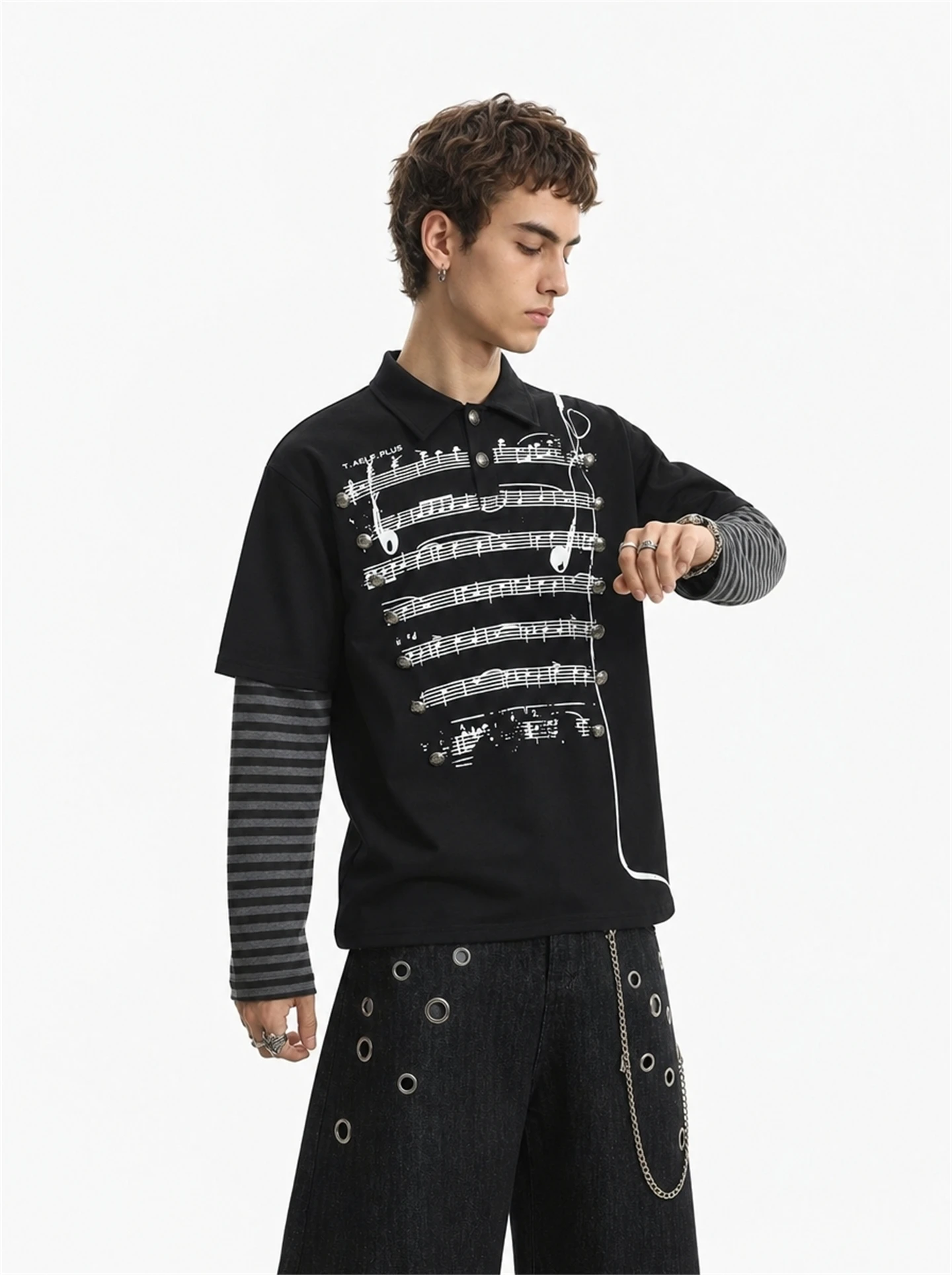 BETEBULE American High Street Style Long Sleeve  Neck T-Shirt Men's Loose Fit Striped Music Note Print Autumn Top