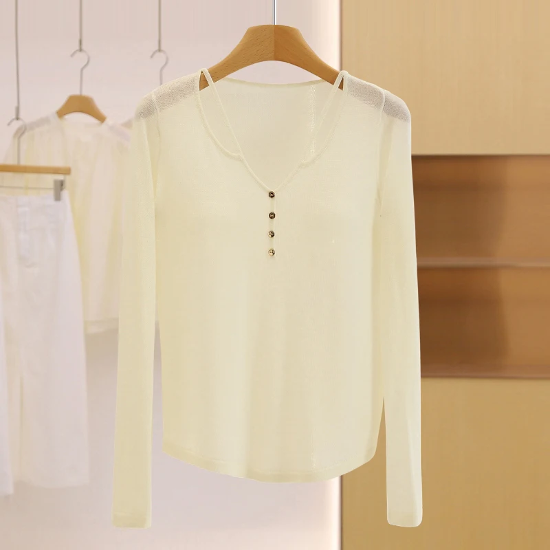 Maglieria V-Ne leggera e versatile, colore puro, design con bottoni scavati per l'autunno, abbigliamento casual, lana di poliestere...