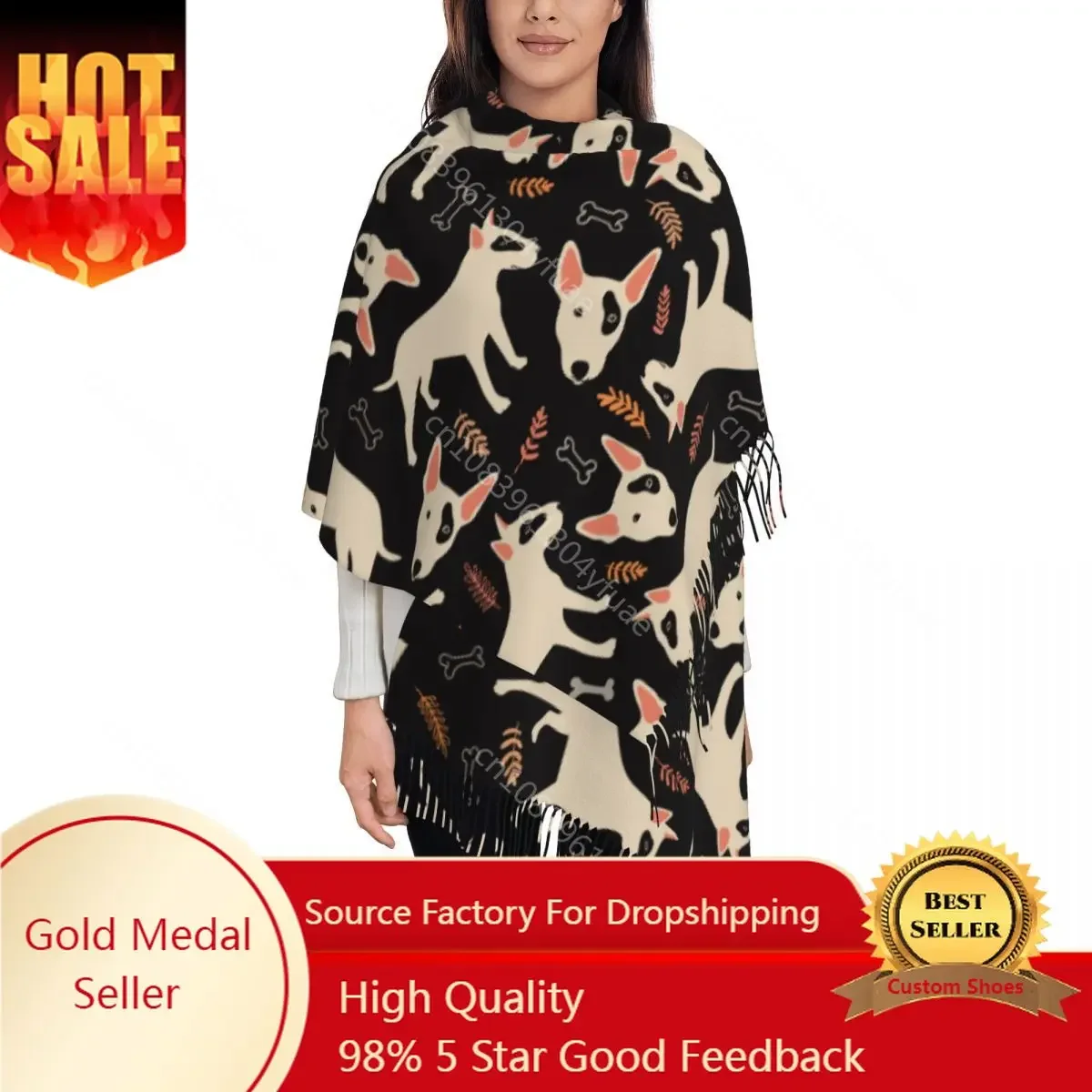 

Womens Tassel Scarf Bull Terrier Long Super Soft Shawl Wrap Animal Dog Daily Wear Pashmina Scarves