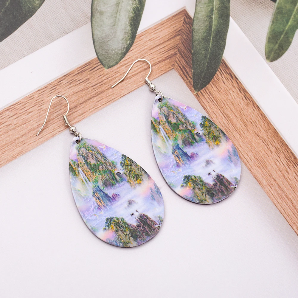 New Fashion Landscape Relievo Printing Acrylic Water Drop Earrings For Women Aesthetic Lightness Products Elegant Girls Jewelry