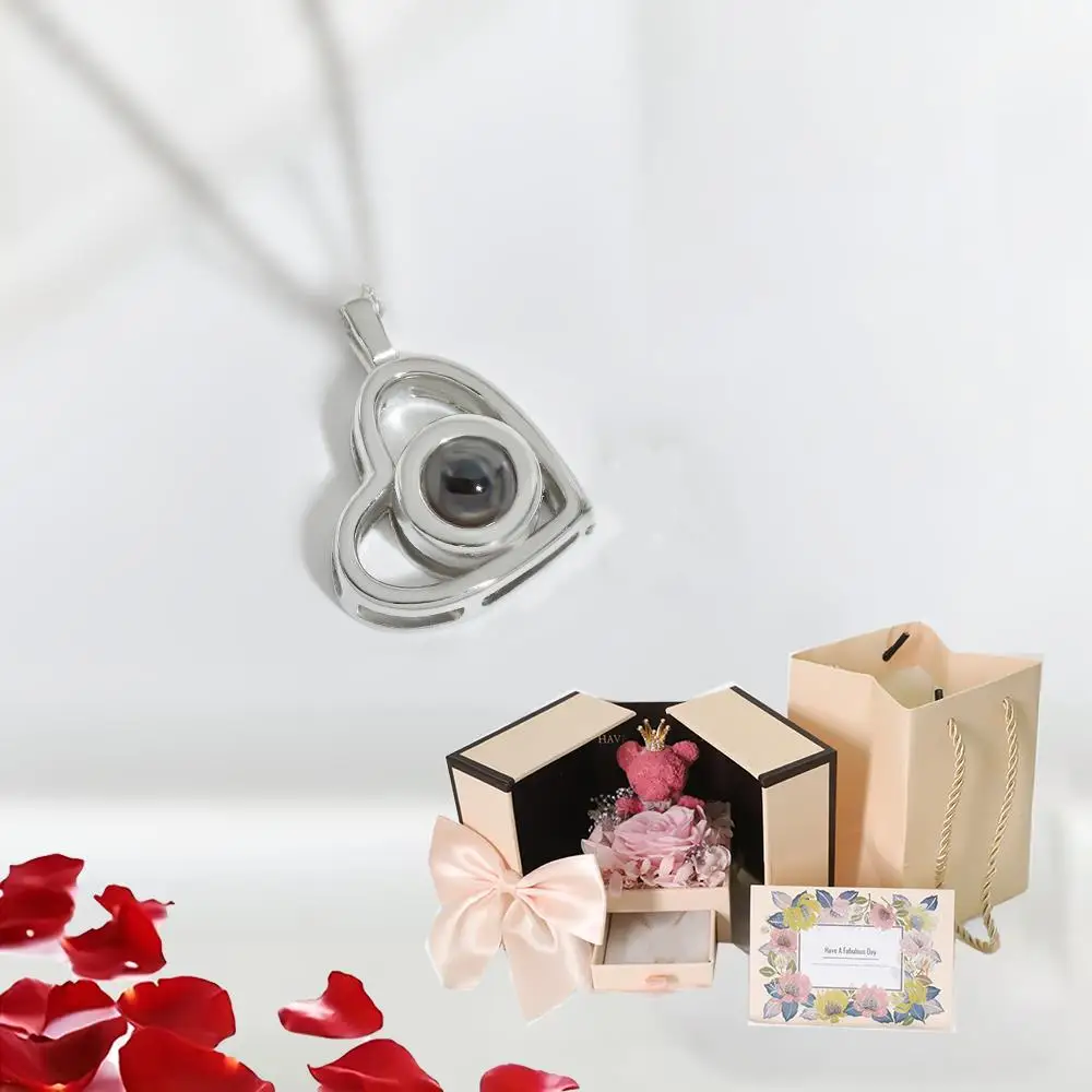 

Heart 100 Languages Pendant Necklaces With Cute Bear Rose Flower Gift Box New Fashion Christmas Friends Birthday Valentine Gifts