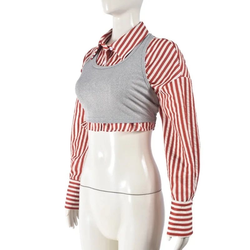 Trade Women's Lapel Autumn and Winter New Crop Stripes Simple Fashion Europe and The United States Two-piece Long-sleeved Shirt