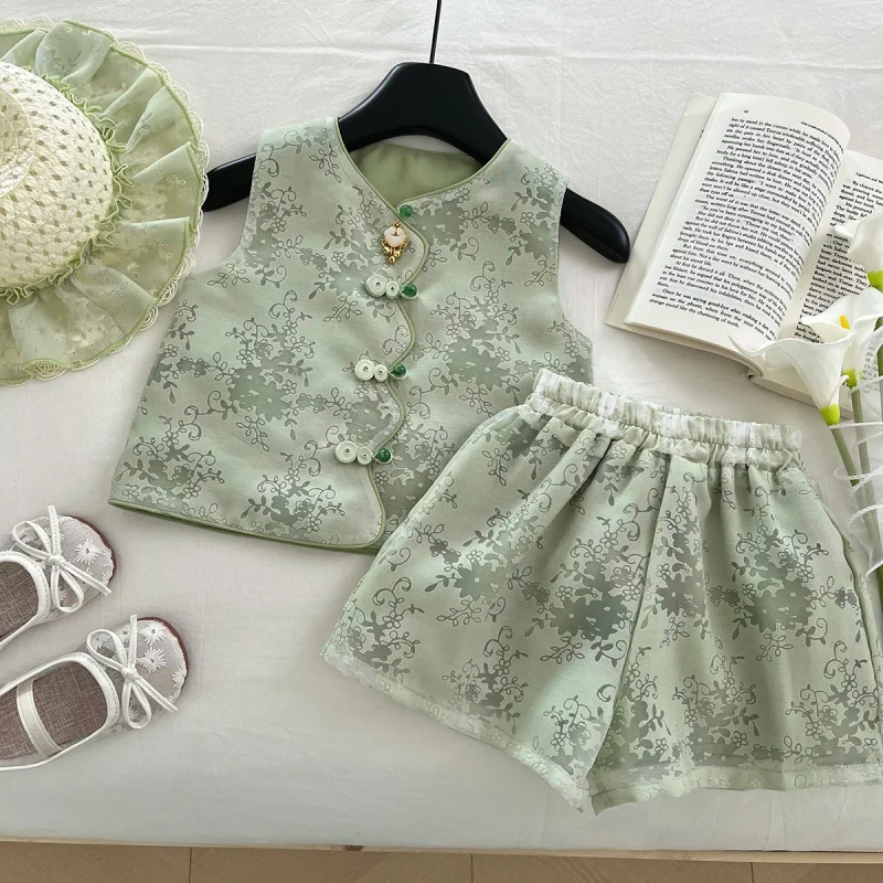

Korean Style Girls' Fashionable Summer Outfit New Chinese Style Elegant Baby Girl Sleeveless Floral National Style Two-Piece Set