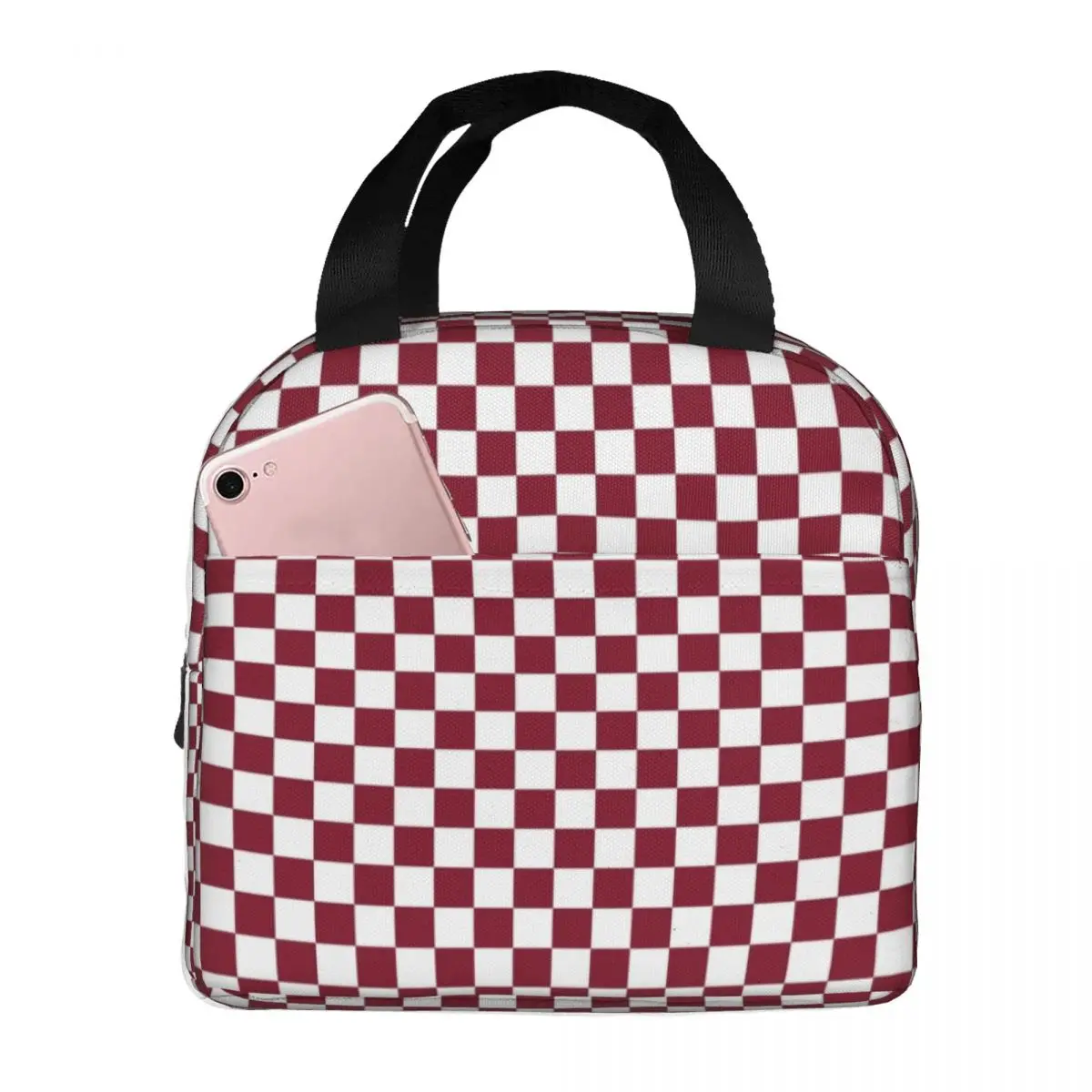 White And Burgundy Red Checkerboard Plaid Lunch Bag Men Women Cooler Warm Insulated Lunch Boxes for Office
