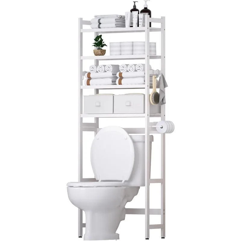 Over The Toilet Storage with 2 Baskets, 4-Tier Bamboo Organizer Rack with Paper Holder & 4 Hooks & Waterproof Feet Pad