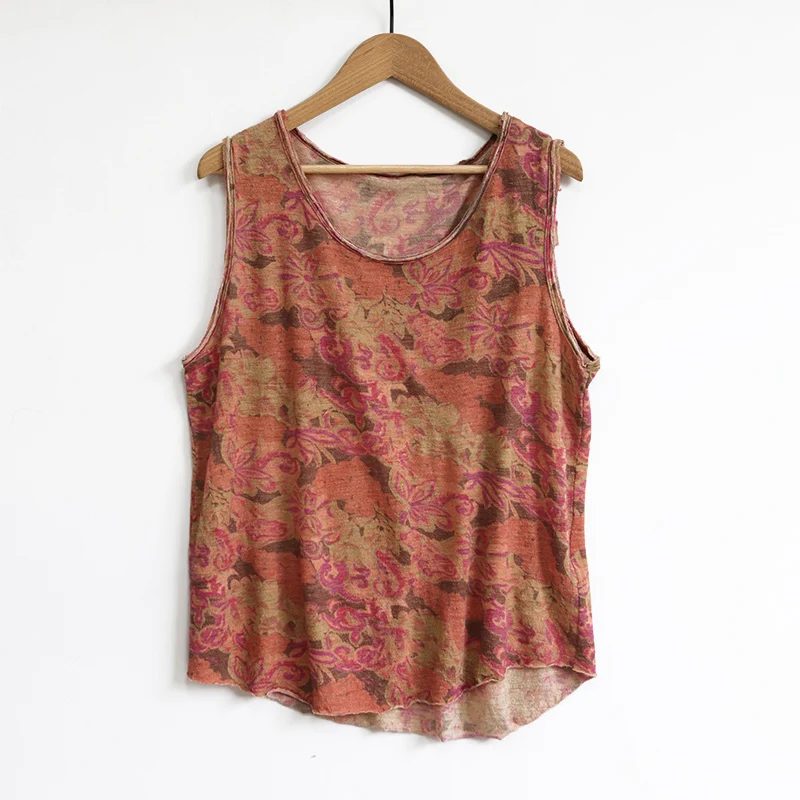 

Original Design Woolen Knitted Printed Vest Female Fashion Summer Inner Wear Loose Fit Plant Floral Pattern 100% Wool