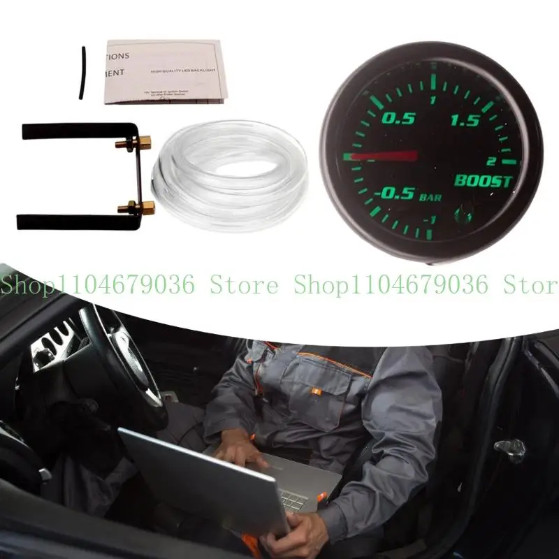 652F Vehicle Monitoring Meter 52mm Mechanical Reading Instrument for Tuning Observation, -1 to 2 Bar Scale with Hose, T-Fitting