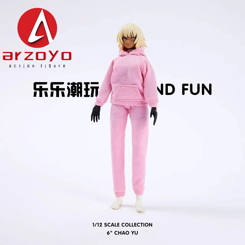 Model ubrań w skali 1/12: bluza sportowa z kapturem i spodnie, pasuje na figurki żołnierzyki damskie Romankey o wysokości 6 cali, modelujące się na żółwiu.