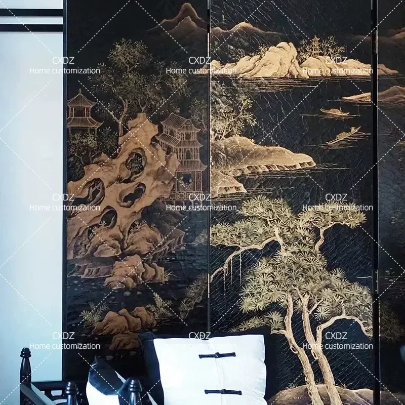 New Chinese Retro Screen Office Landscape Lacquer Painting Hotel Villa Simple Wood Custom Folding Partition Decoration