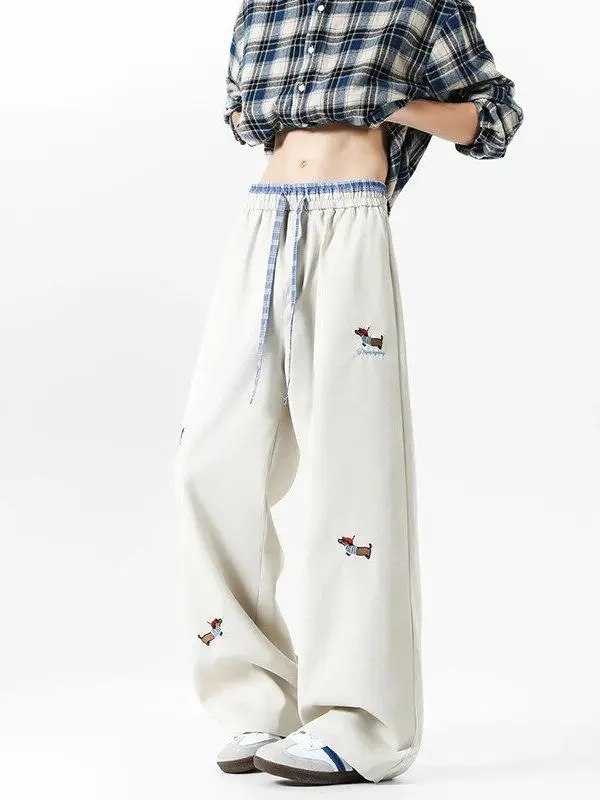 Loose Fit Casual Pants for Men Summer Youth Ootd Sausage Dog Embroidery Wide Leg Floor Length Dra Casual Trousers