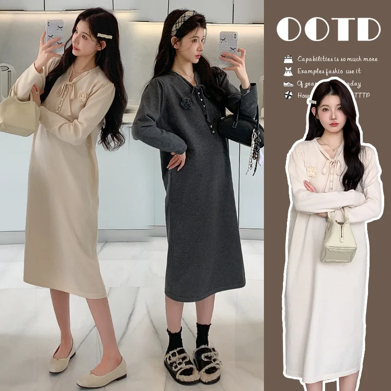 Maternity Dress Autumn Winter Korean Style Elegant Loose Soft Comfortable V Neck Long Sleeve Beaded Embroidery Flower Knit Dress