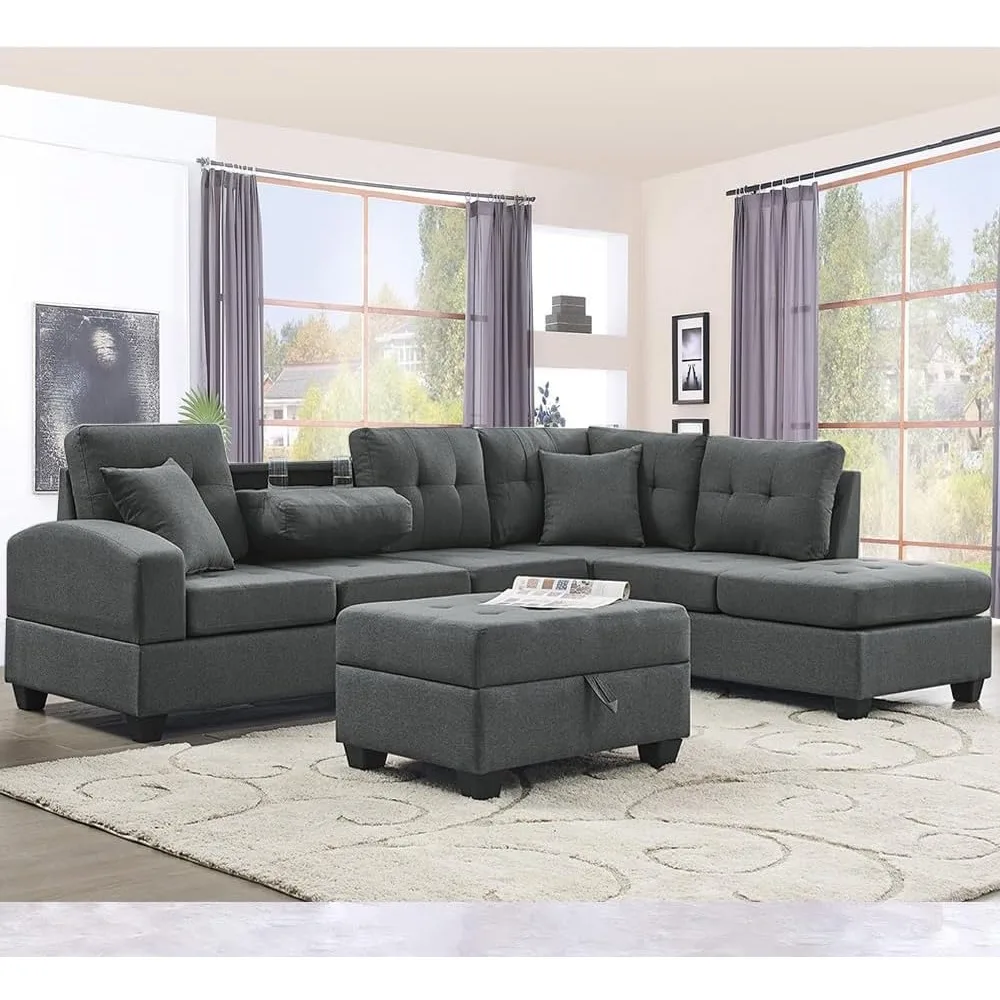 

L Shape Modular Storage Ottoman & Chaise, Comfy Oversized Corner Sofa Cup Holder,Fabric Living Room Furniture Couch Sets