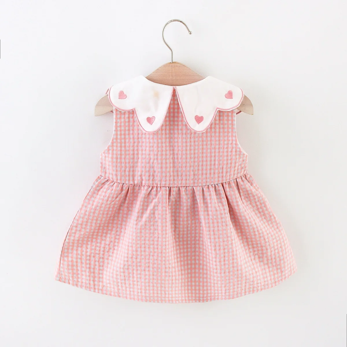 2 Pcs Summer New Dress Girl\'s Sleeveless Lace Heart Collar Sweet and Beautiful Plaid Button Cotton Cloth Dress