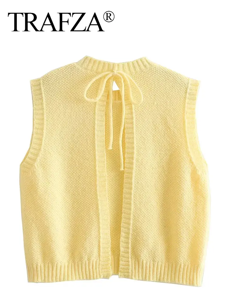 TRAFZA Women Elegant Solid Sweater Vest Top Back Lace Up O Neck Sleeveless Backless Yellow Knit Pullover Sweaters Streetwear