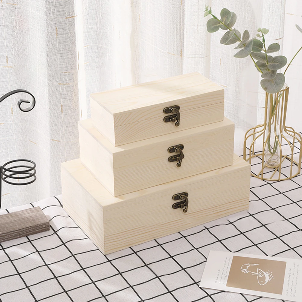 Wooden Storage Box Jewelry Box DIY Hand Decoration Party Supplies Pine Wood S/M/L Storage Wooden Box