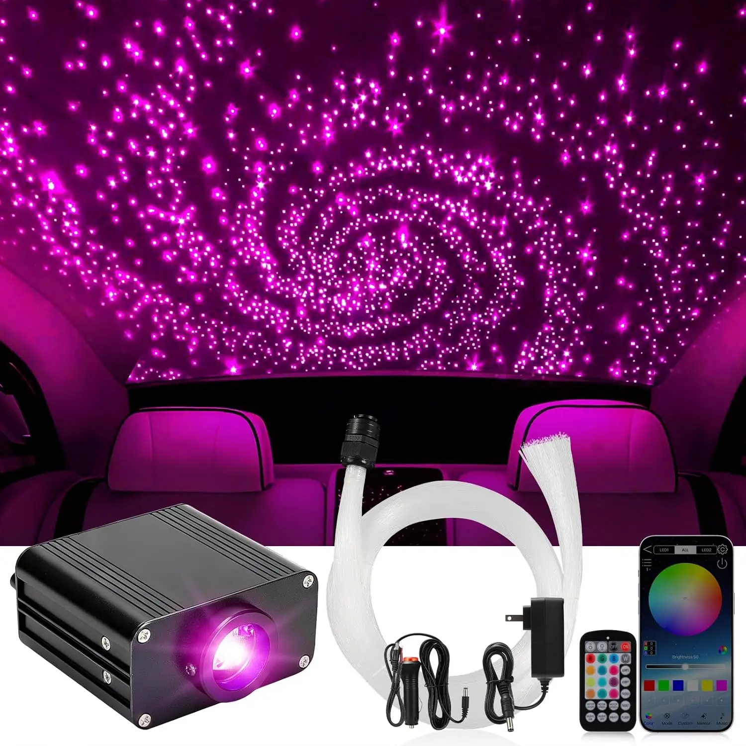 

Светящиеся звезды для декора автомобиля, 500 шт. оптоволоконных светильников для потолка с управлением через приложение/пульт ДУ для автомобиля и дома