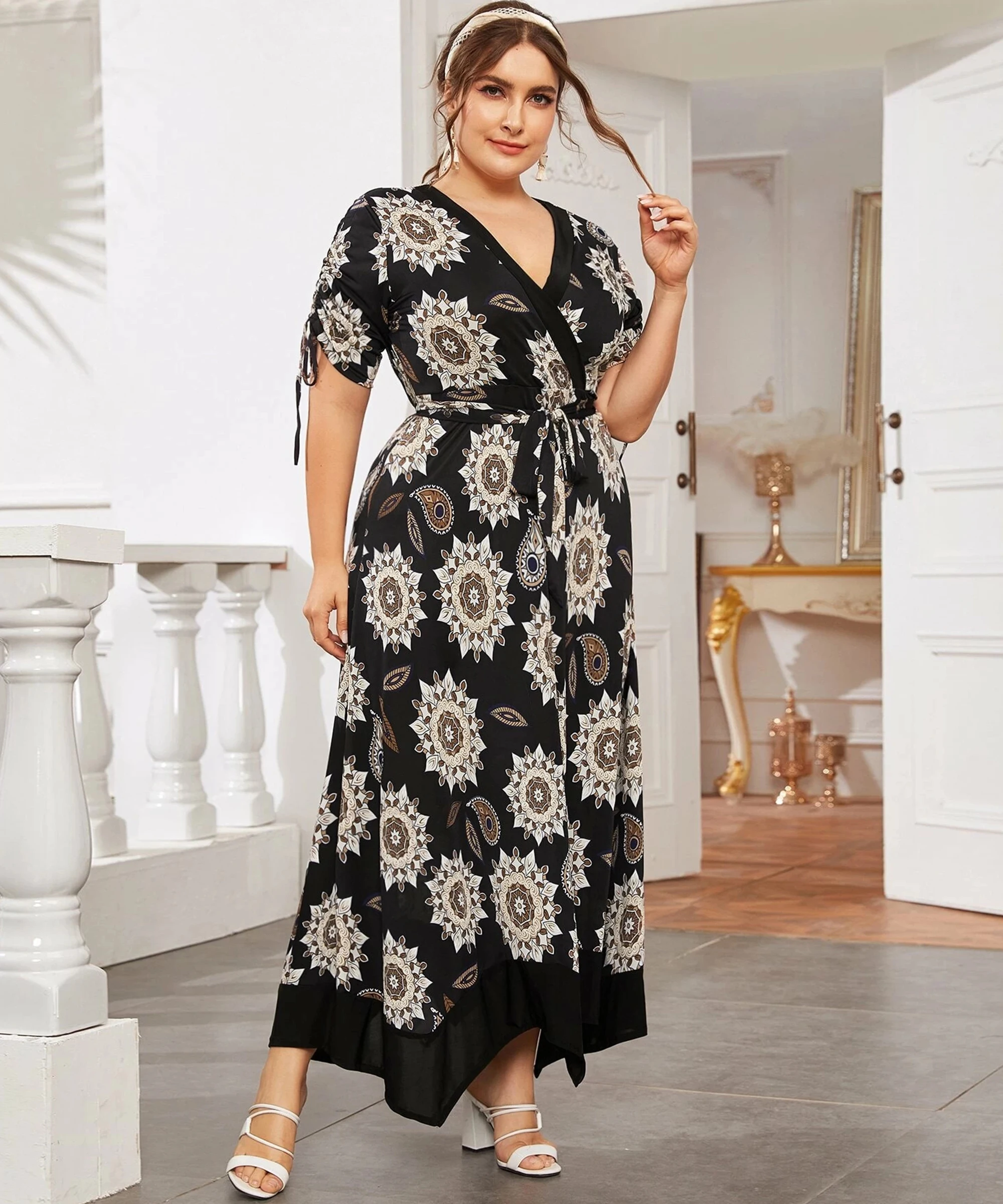 Sukienka Plus Size dla kobiet 2023 lato V dekolt krótki rękaw biała czarna prążkowana sukienka na co dzień luźna oversize długa sukienka Maxi