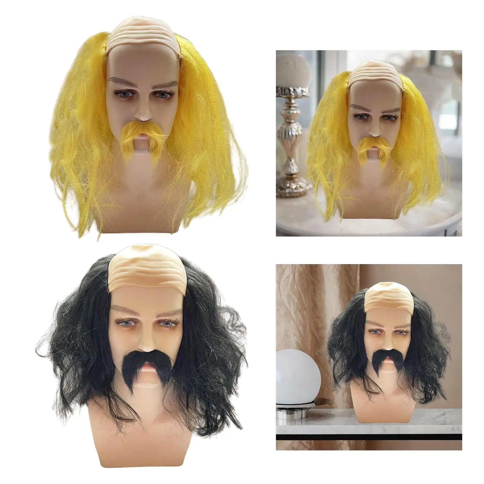 

Bald Cap Wig and Beard Synthetic with Hair on Sides Costume Accessory Easy to