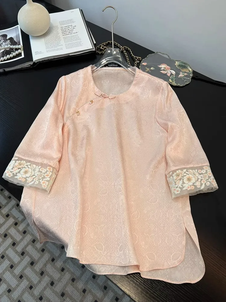 

Satin Silk Jacquard Blouses Women Embroidered Retro Tang Tops Round Collar Loose Shirts Oversized