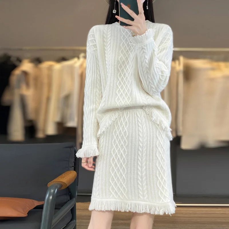 

100% pure wool fringed skirt set for women spring and autumn round neck pullover sweater casual bodycon skirt two-piece set