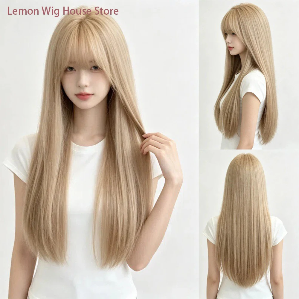 Picture 3: Long Straight Light Gold Wig with Bangs High-Layered Synthetic Wigs for Women's Daily Cosplay Wig Heat Resistant Synthetic Hair