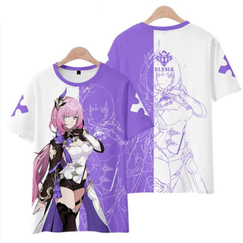 T-shirt manches courtes col rond pour hommes et femmes, estival et humoristique, avec image de l'anime Honkai Impact 3rd 3D Elysia