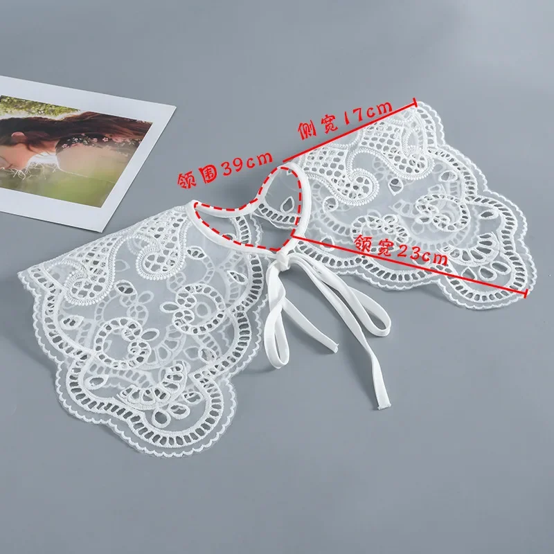 Collar falso Floral de encaje para mujer, chal con cuello desmontable calado, solapa blanca, lazos, Collar falso, bufanda, capa