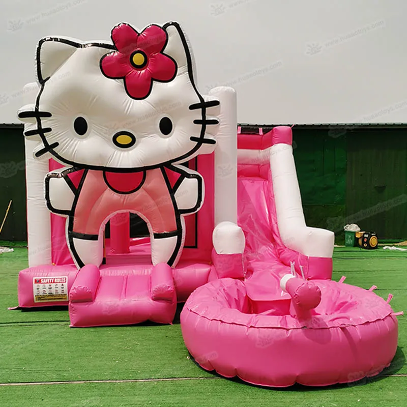 Cartoon Kat Roze Springkussen Kasteel Nieuw Design Combo Jumpers voor Kinderfeest Draagbaar PVC Met Blower Accessoire