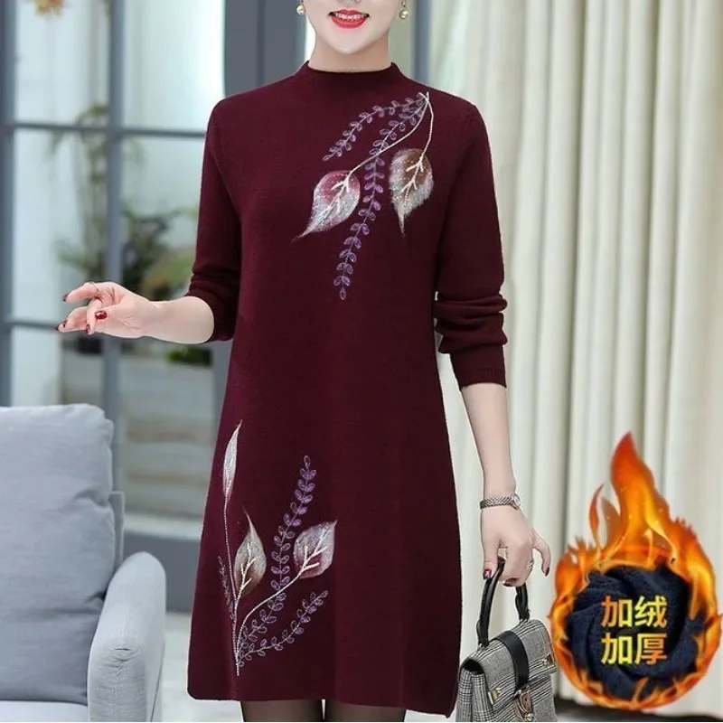 

Autumn and Winter Women's Half High Neck Long Sleeve Solid Printing Slim Pullover Midi Bottom Fashion Casual Office Lady Dress