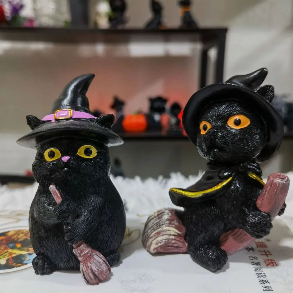 

Ornament Resin Flying Broom Cat Small Cute Witch Cats Figurine Decorative Broomstick Cat Garden