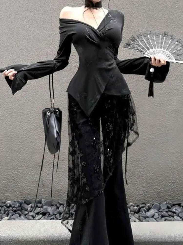 New Chinese Style Black Sequin Skirt For Women Summer Subcultural See Through Mesh Skirts Y2k High Waist Faldas Mujer 2025